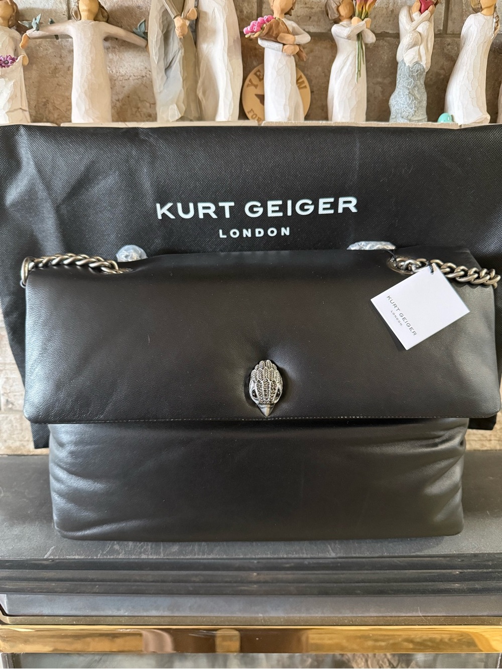 Kurt Geiger Large Black Leather Shoulder Bag with Silver Chain